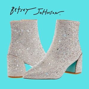 Betsey Johnson Corry Ankle Boots Silver Rhinestone Booties Block Heel 6.5 BNIB